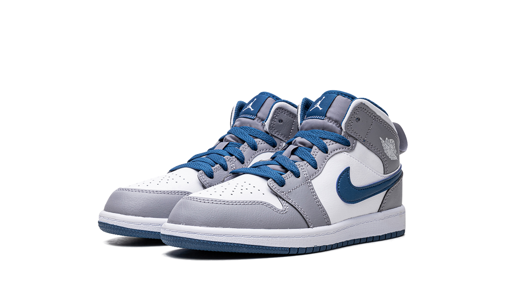 jordan 1 mid true blue cement ps+DQ8424-014+diagnol left view