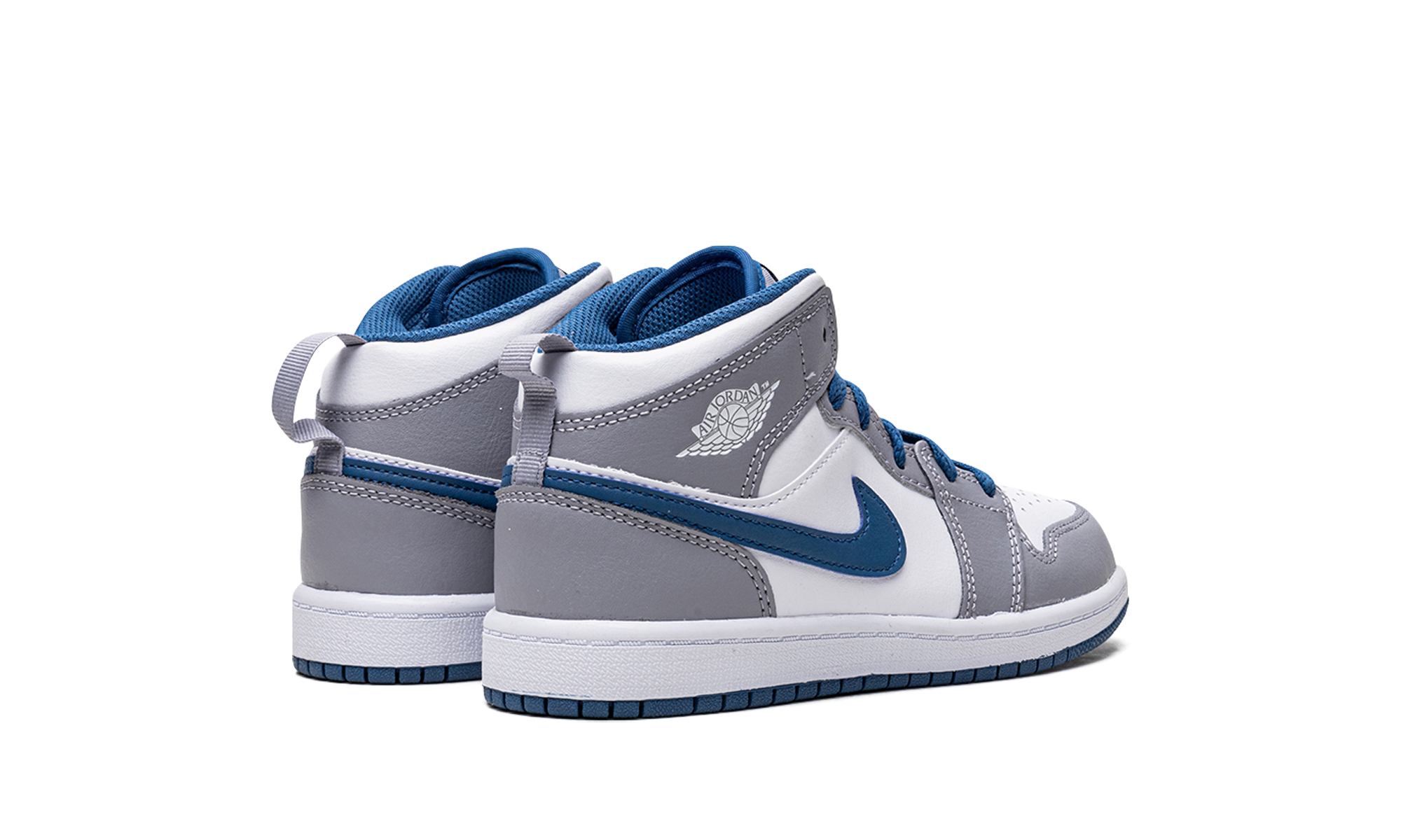jordan 1 mid true blue cement ps+DQ8424-014+diagnol right behind view