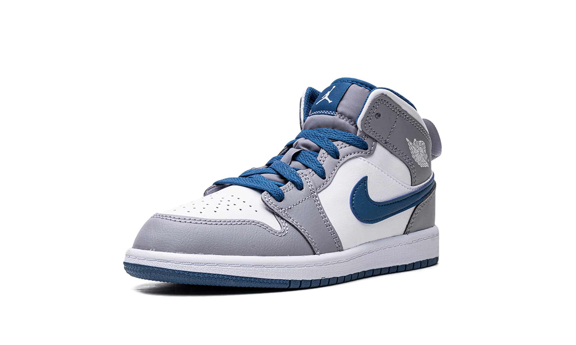 jordan 1 mid true blue cement ps+DQ8424-014+left diagnol single view