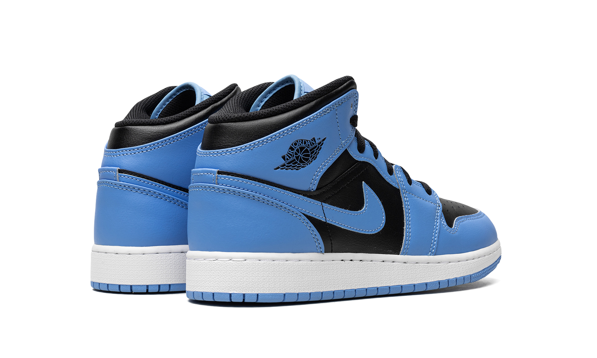 jordan 1 mid university blue black gs+DQ8423-401+diagnol right behind view
