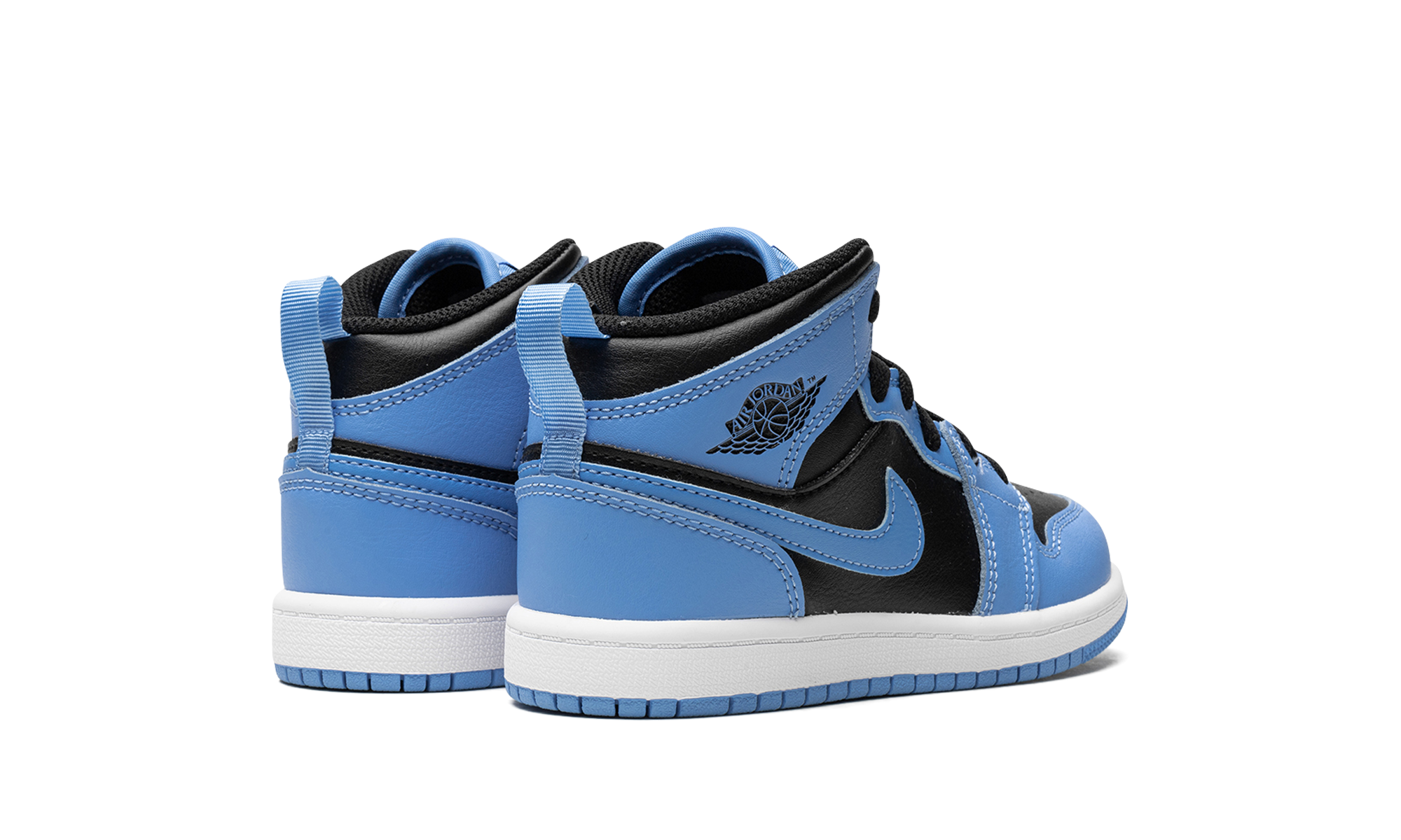 jordan 1 mid university blue black ps+DQ8424-401+diagnol right behind view