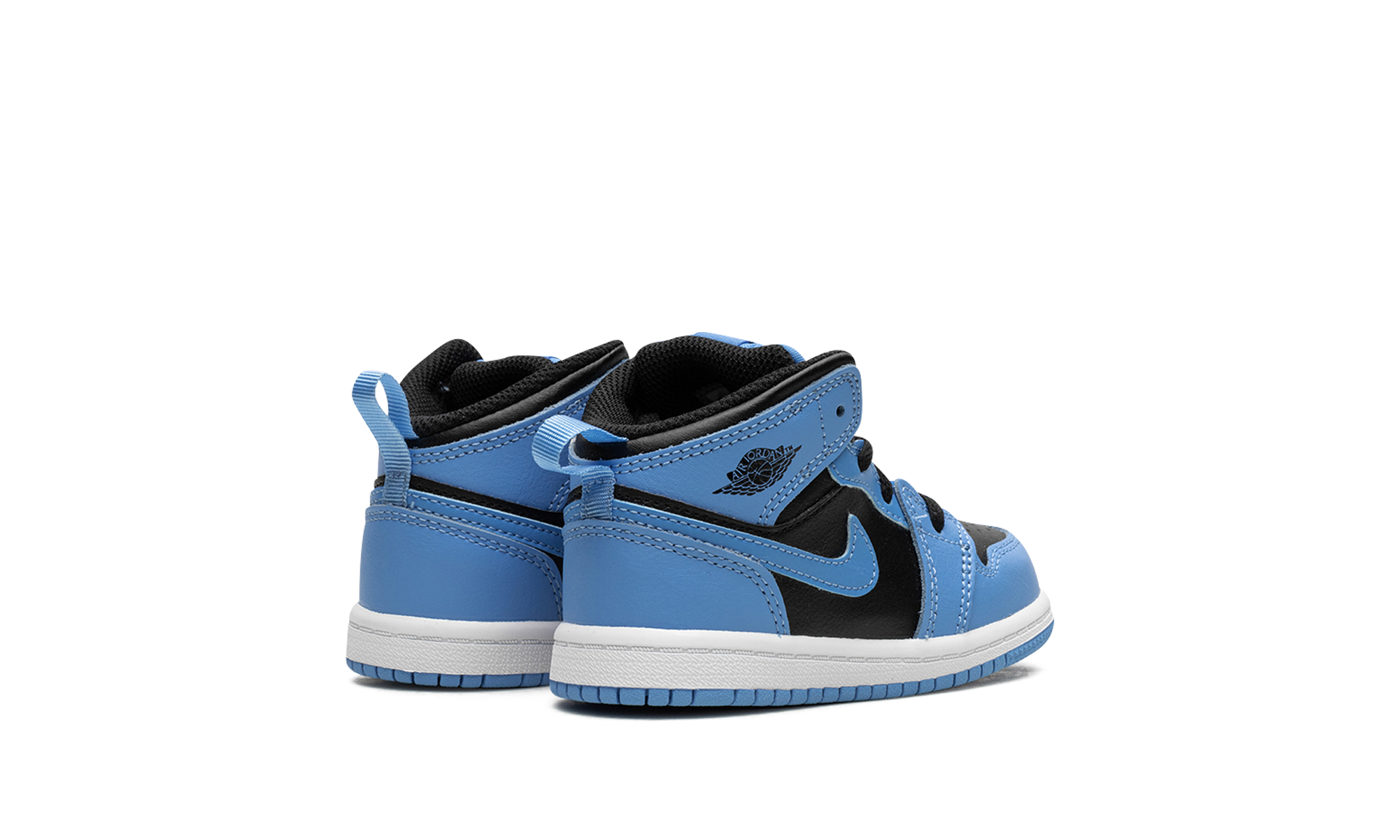 jordan 1 mid university blue black td+DQ8425-401+diagnol right behind view