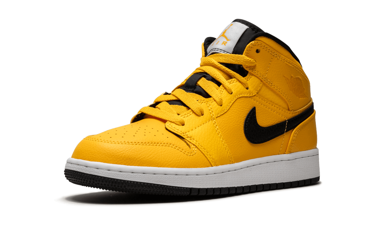 jordan 1 mid university gold black gs+554725-700+left diagnol single view