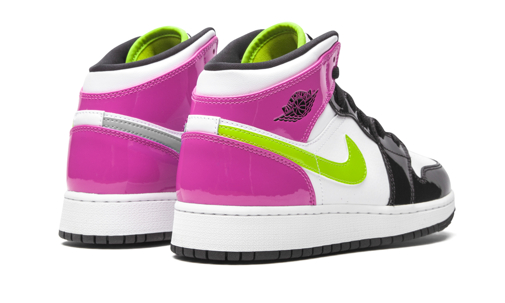 jordan 1 mid white black cyber pink gs+CZ9835-100+diagnol right behind view