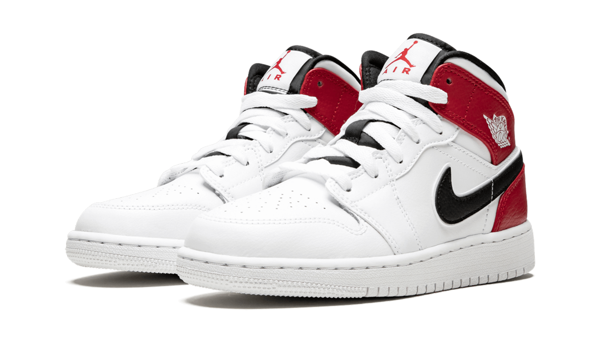 jordan 1 mid white black gym red gs+554725-116+diagnol left view