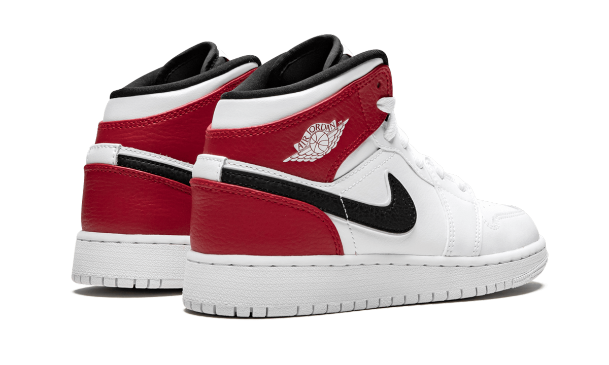 jordan 1 mid white black gym red gs+554725-116+diagnol right behind view