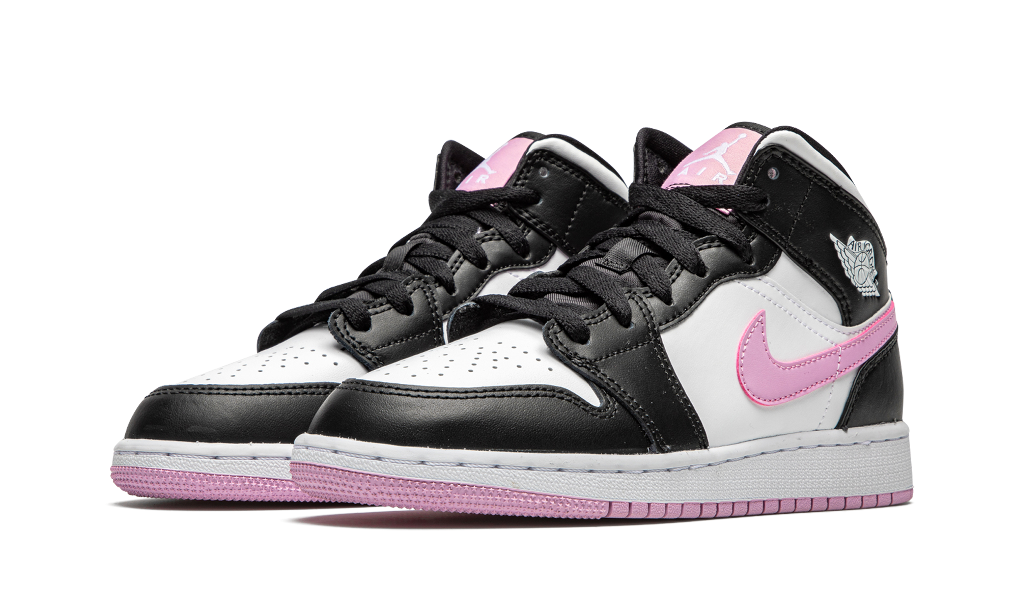jordan 1 mid white black light arctic pink gs+555112-103+diagnol left view