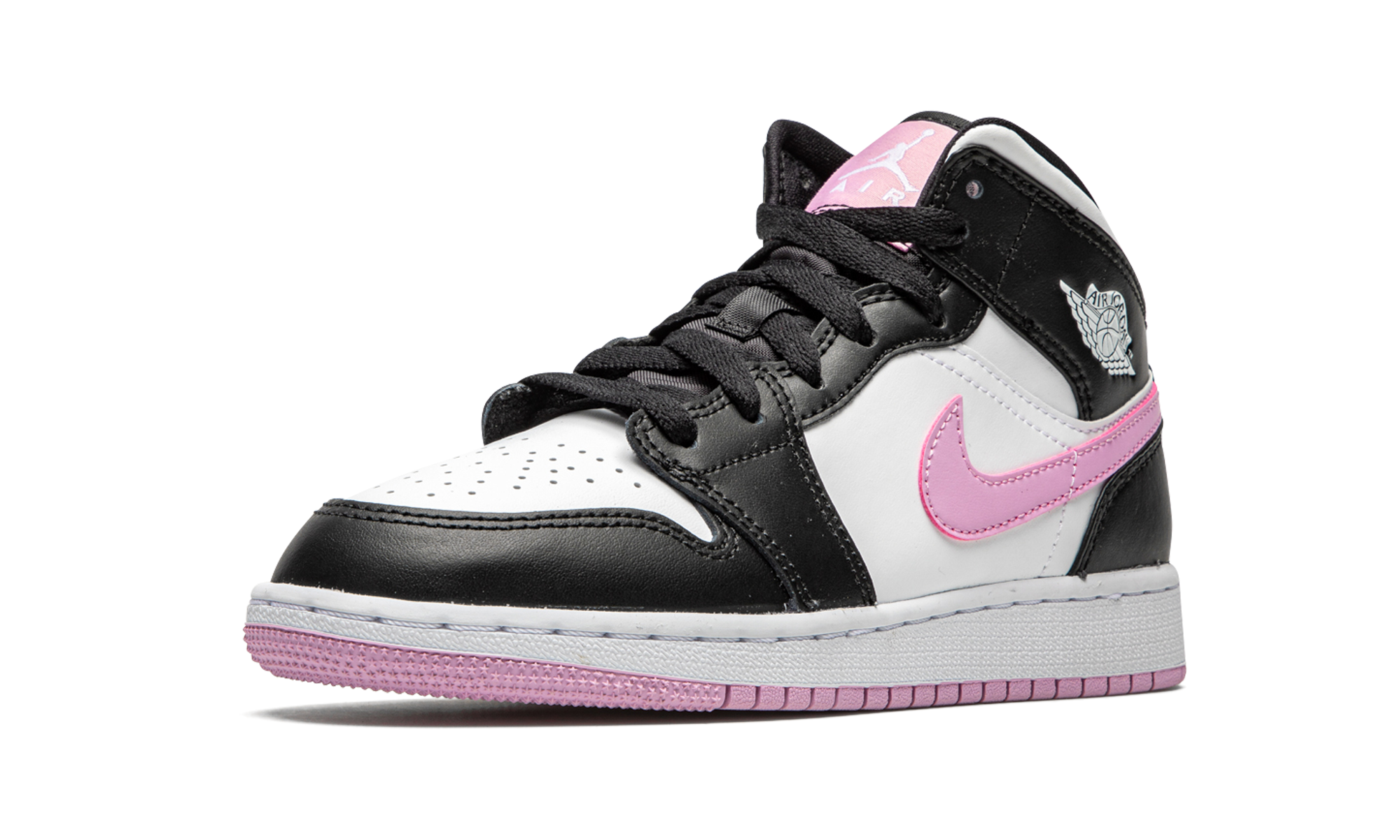 jordan 1 mid white black light arctic pink gs+555112-103+left diagnol single view