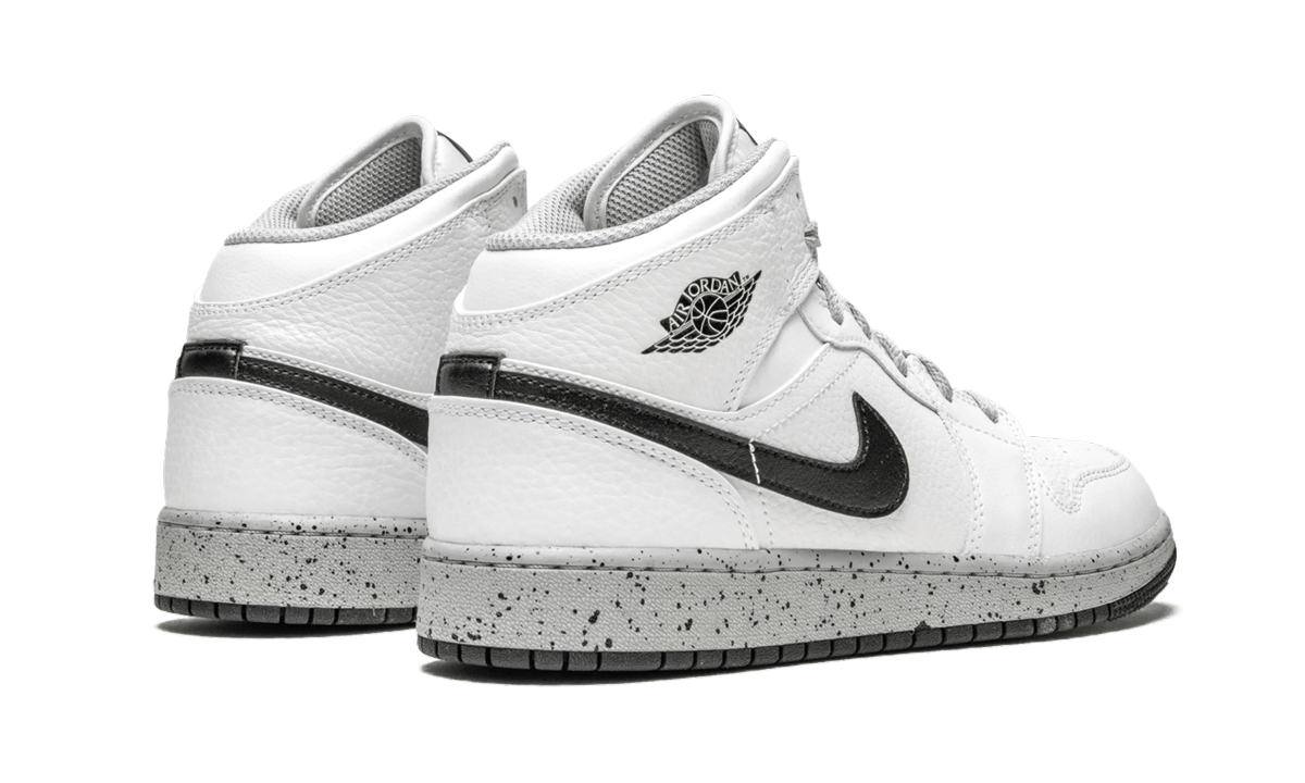 jordan 1 mid white cement gs+554725-115+diagnol right behind view