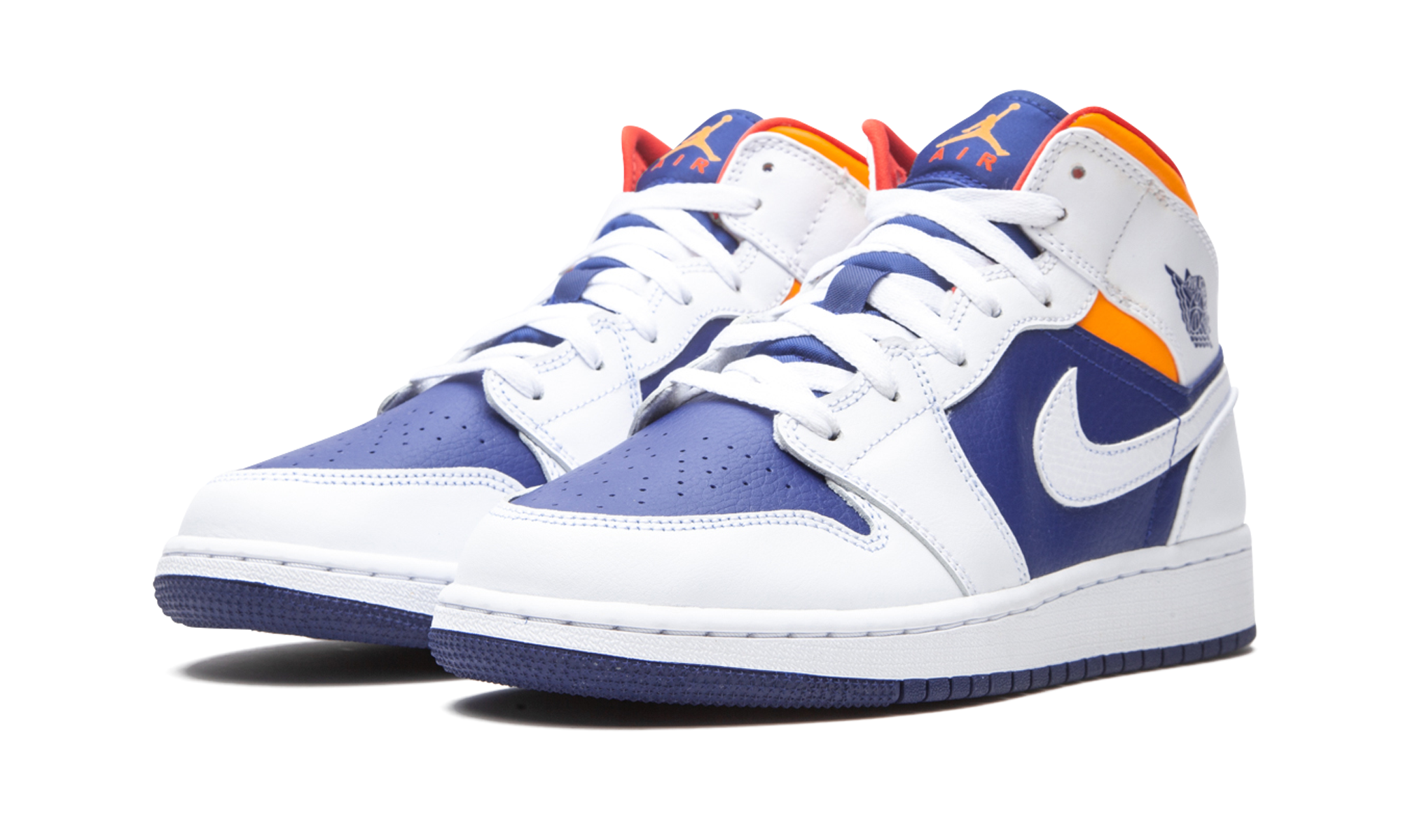 jordan 1 mid white laser orange deep royal blue gs+554725-131+diagnol left view