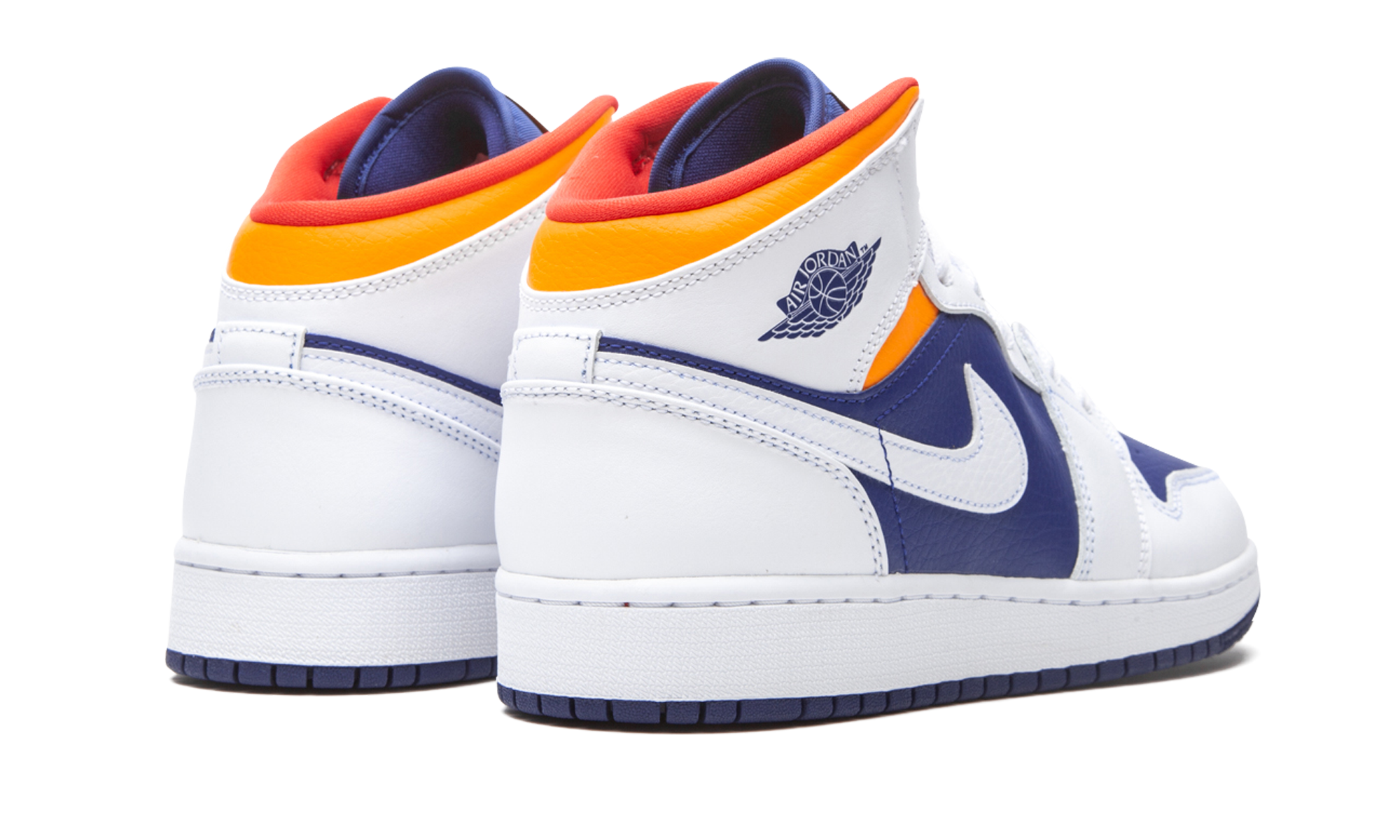 jordan 1 mid white laser orange deep royal blue gs+554725-131+diagnol right behind view