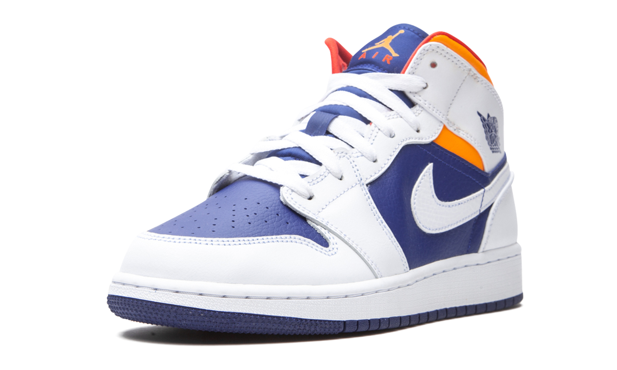 jordan 1 mid white laser orange deep royal blue gs+554725-131+left diagnol single view