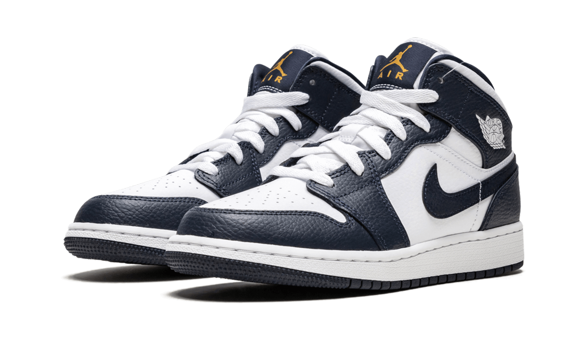 jordan 1 mid white metallic gold obsidian gs+554725-174+diagnol left view