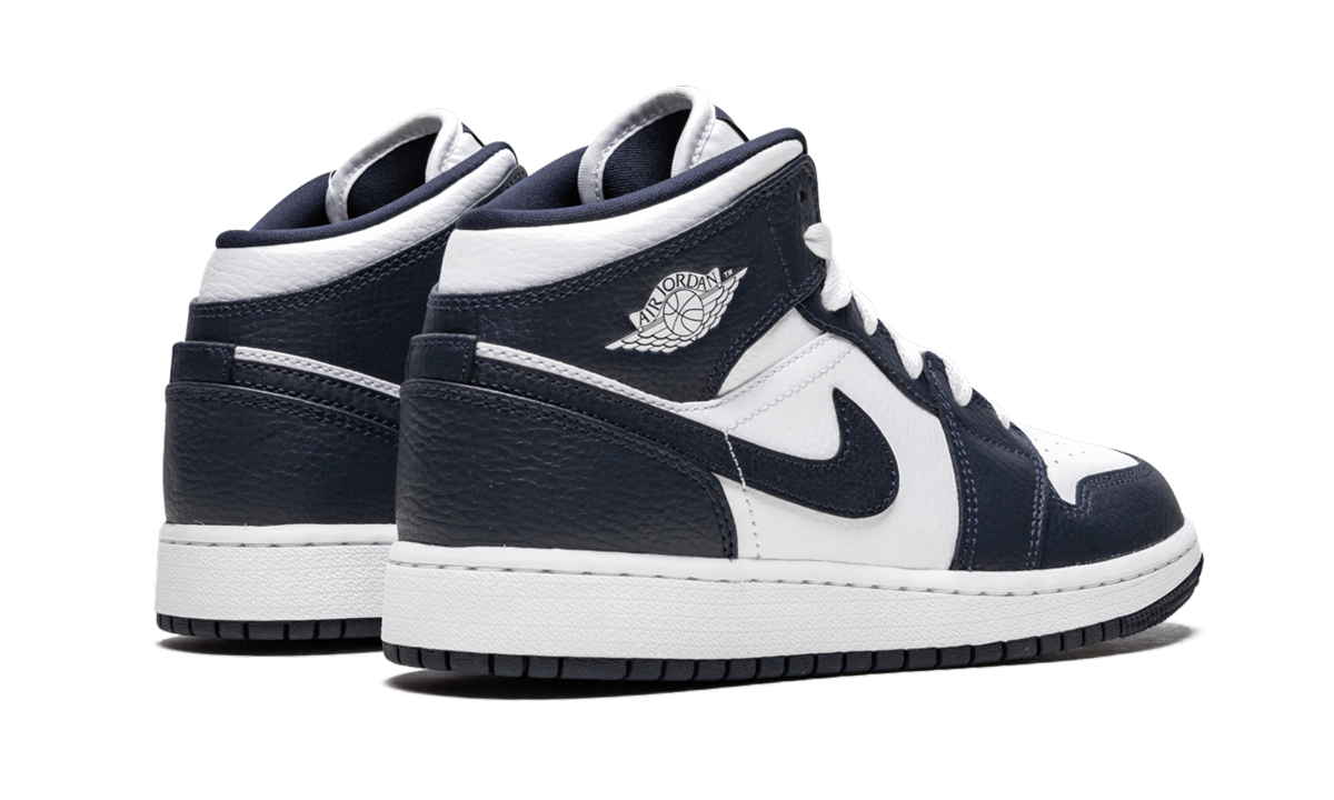 jordan 1 mid white metallic gold obsidian gs+554725-174+diagnol right behind view