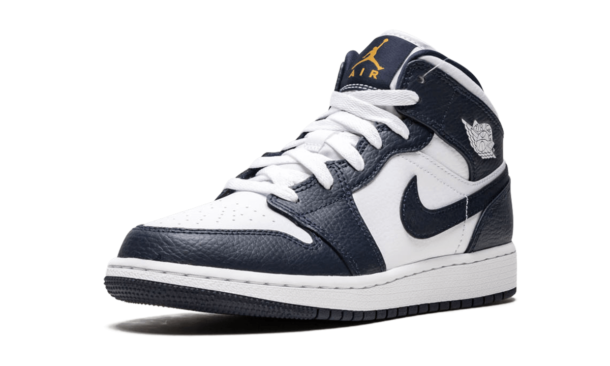 jordan 1 mid white metallic gold obsidian gs+554725-174+left diagnol single view