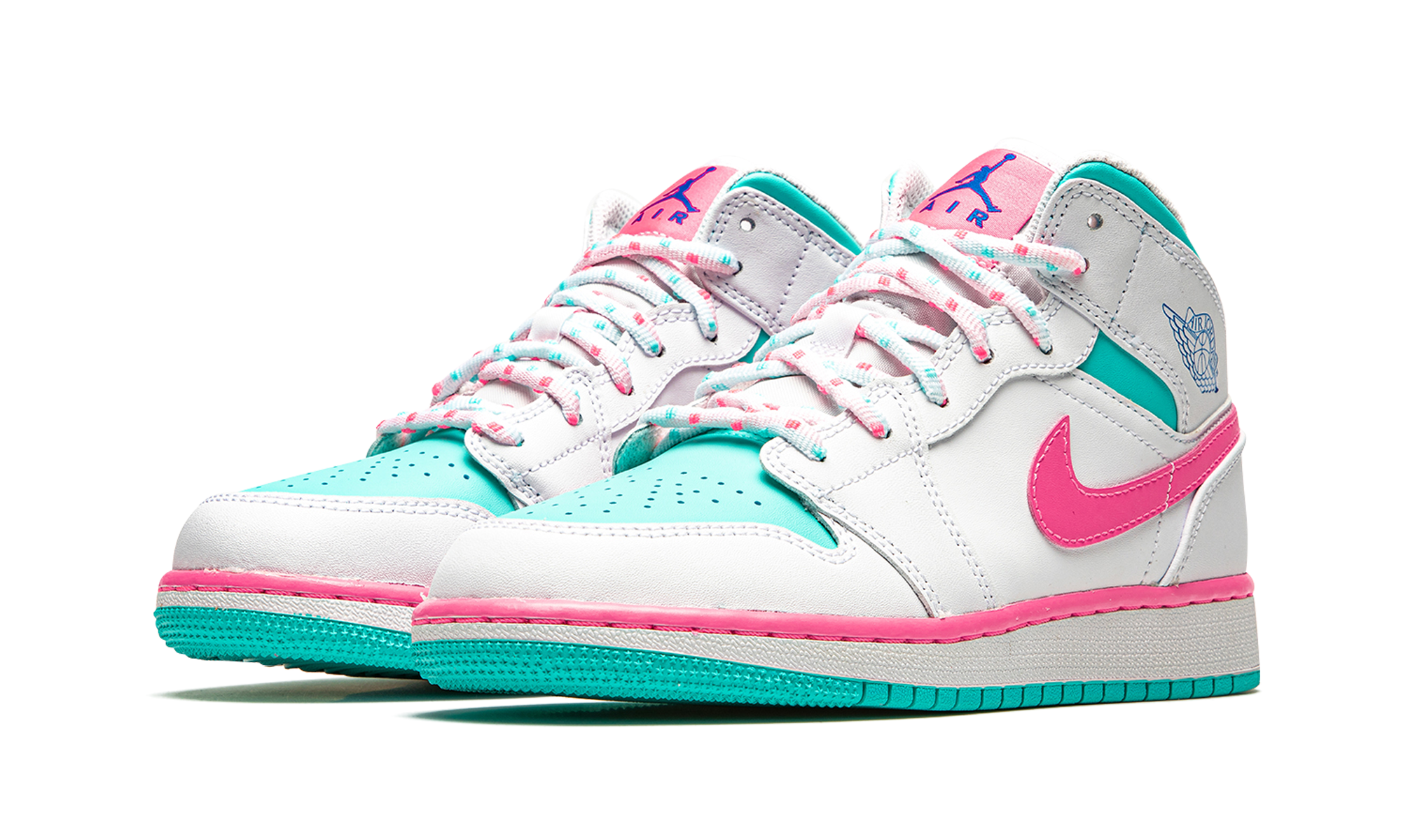 jordan 1 mid white pink green soar gs+555112-102+diagnol left view