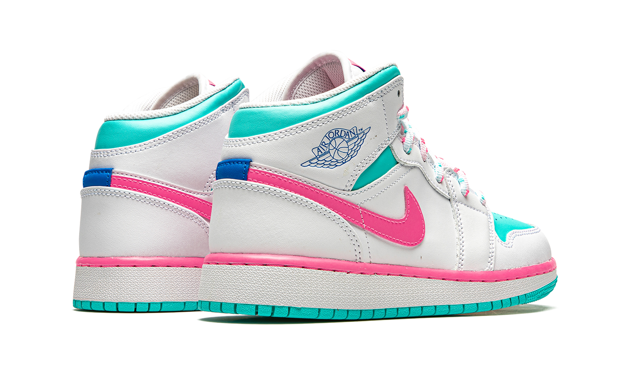 jordan 1 mid white pink green soar gs+555112-102+diagnol right behind view