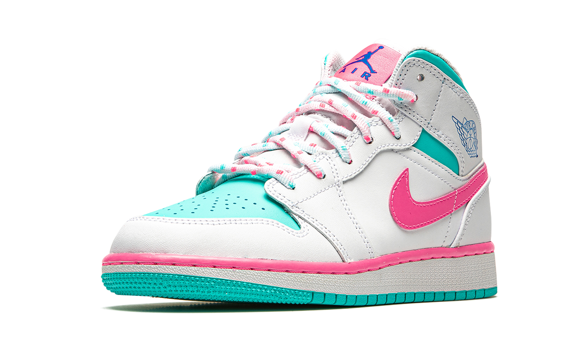 jordan 1 mid white pink green soar gs+555112-102+left diagnol single view