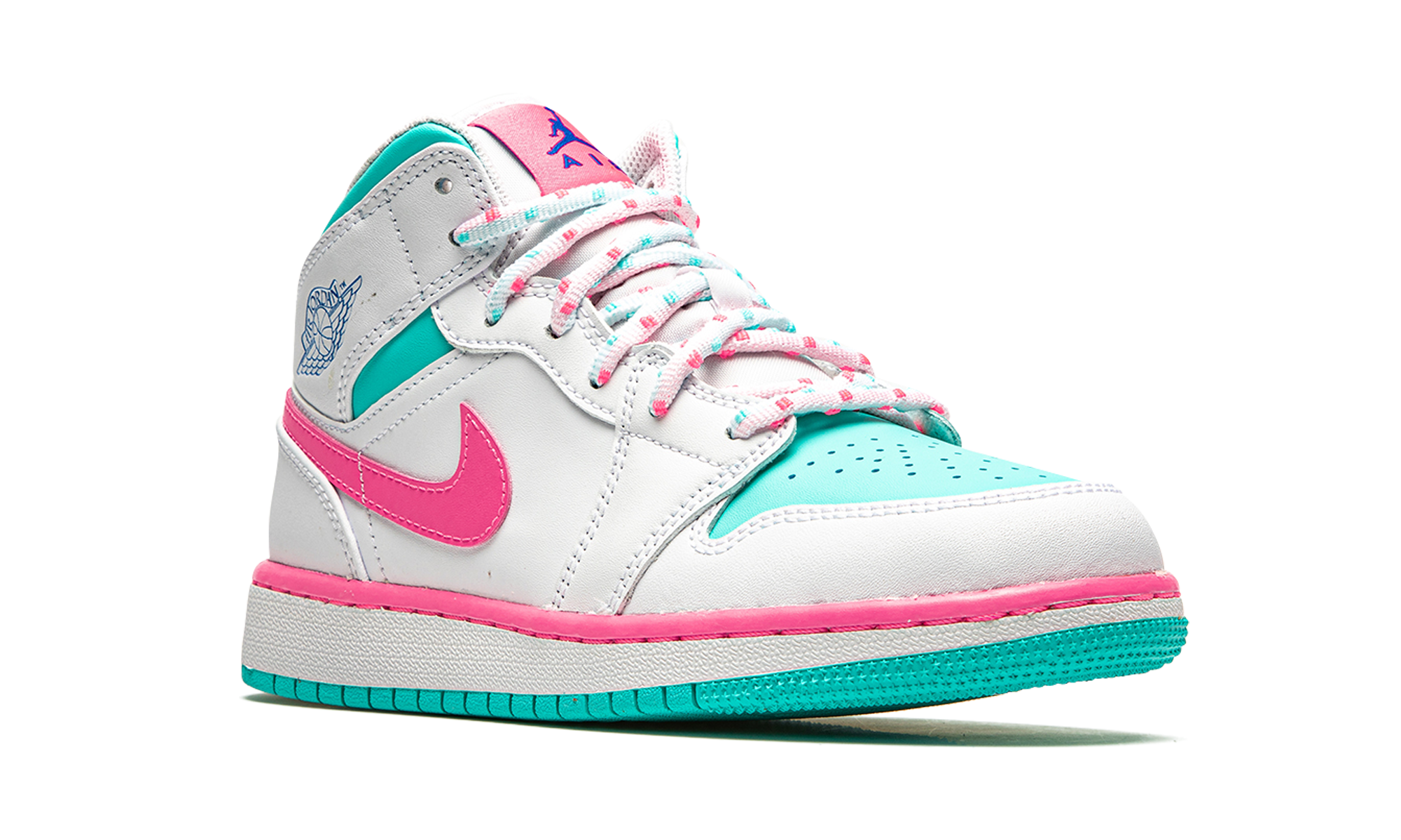 jordan 1 mid white pink green soar gs+555112-102+diagnol right view