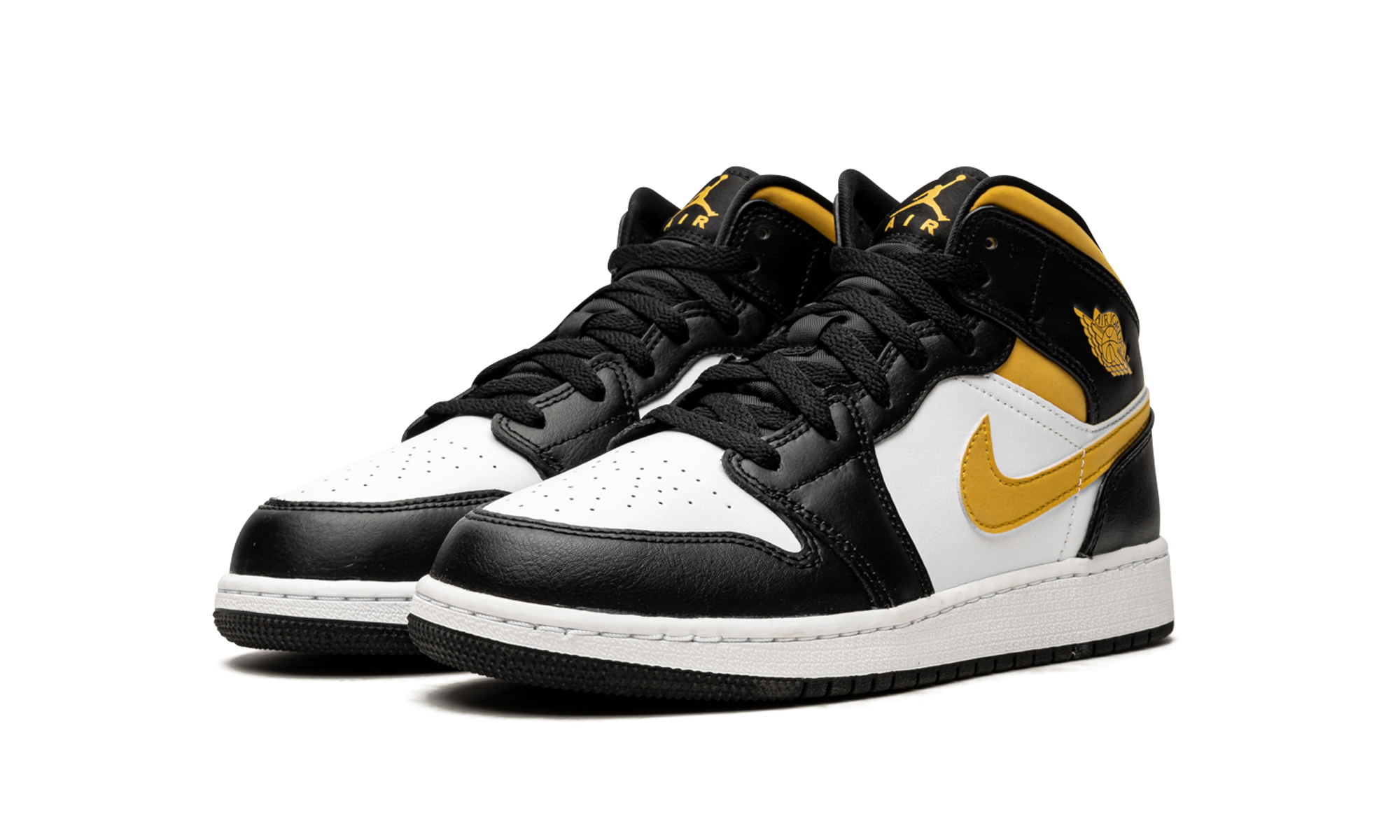 jordan 1 mid white pollen black gs+554725-177+diagnol left view