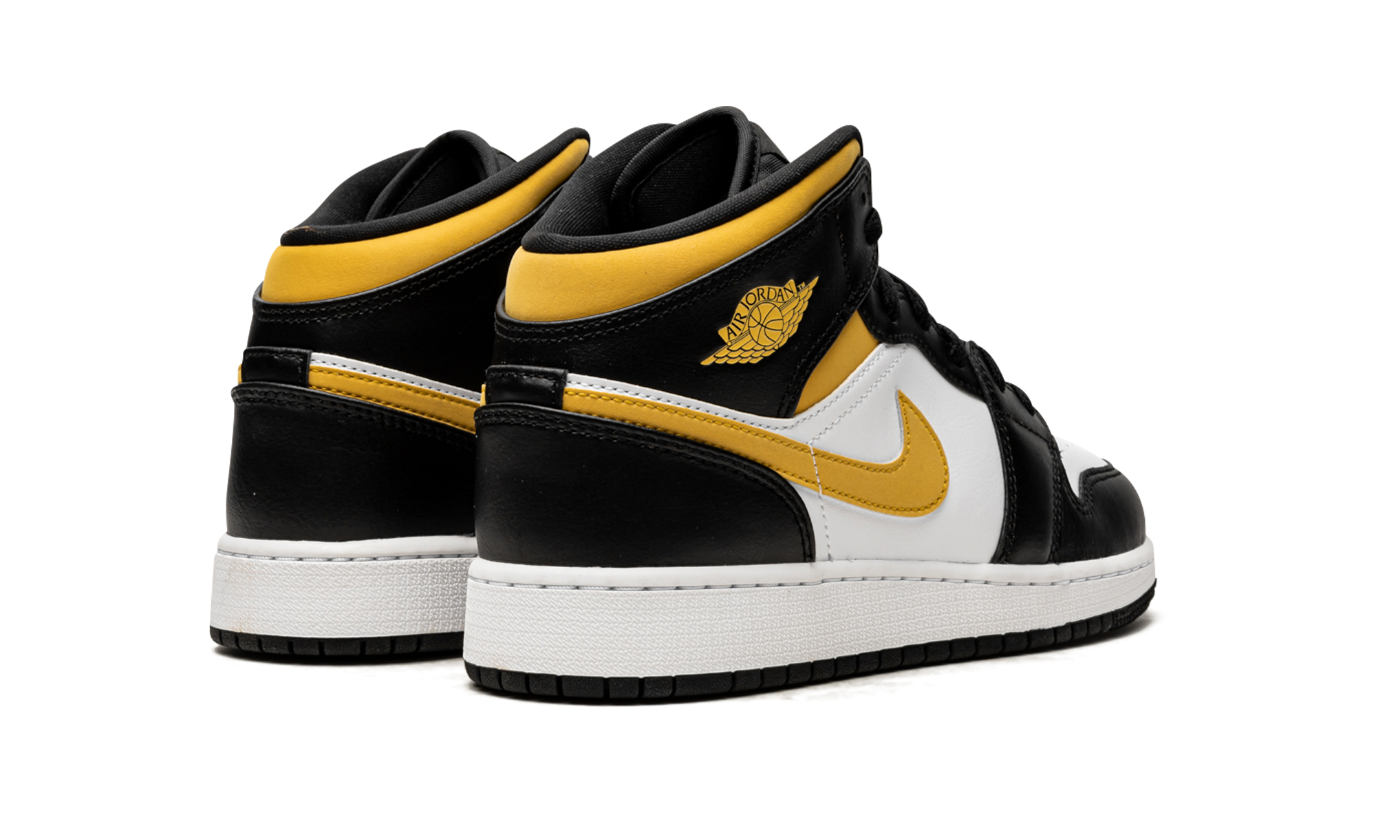 jordan 1 mid white pollen black gs+554725-177+diagnol right behind view