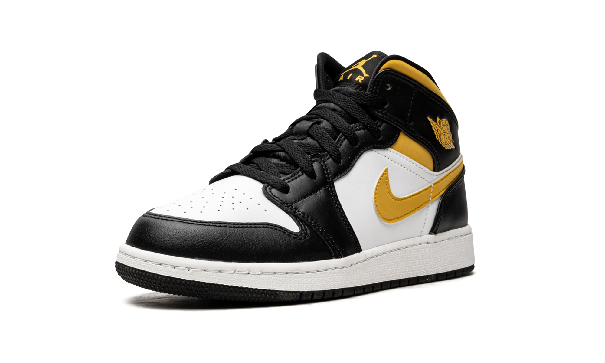 jordan 1 mid white pollen black gs+554725-177+left diagnol single view