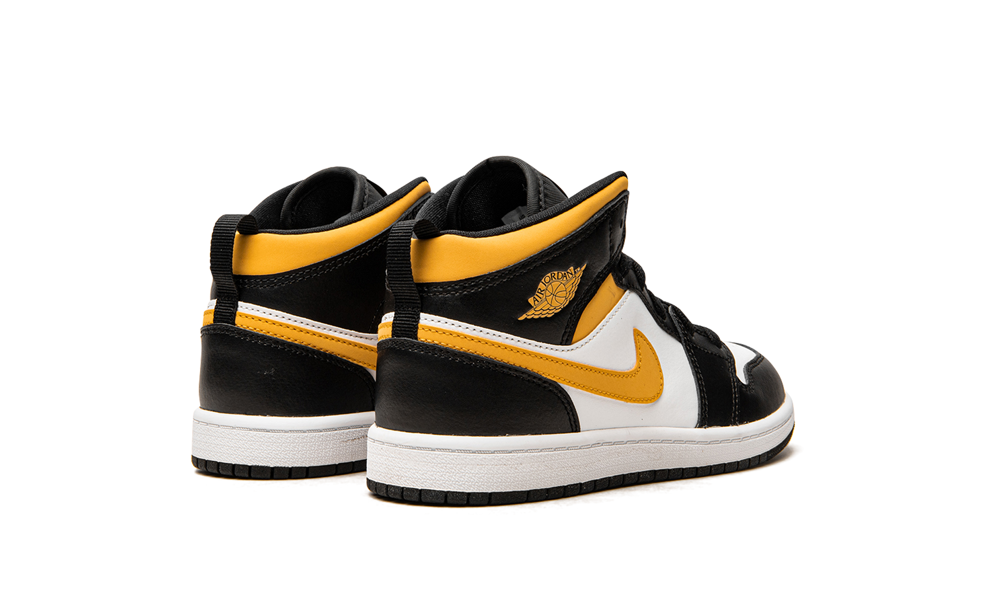 jordan 1 mid white pollen black ps+640734-177+diagnol right behind view