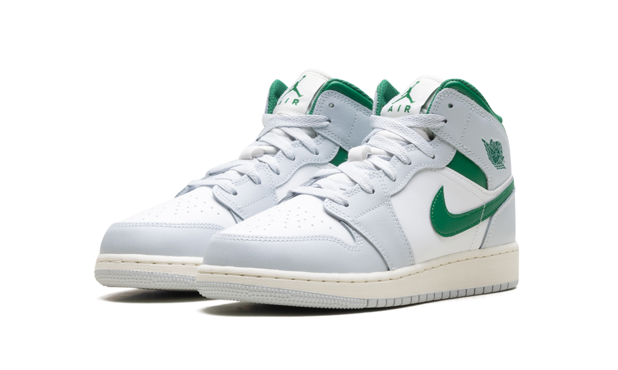 jordan 1 mid white pure platinum pine green gs+DQ8423-142+diagnol left view