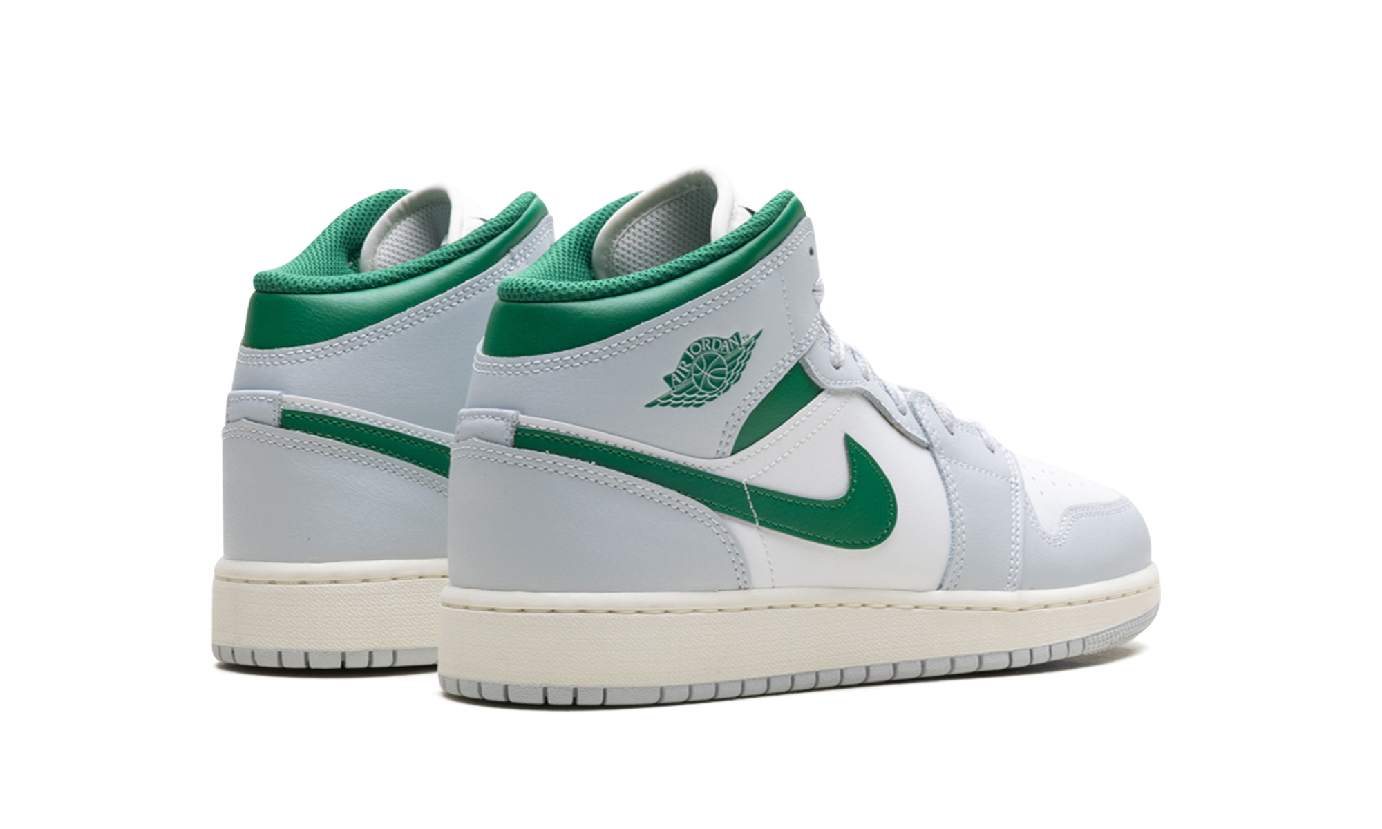 jordan 1 mid white pure platinum pine green gs+DQ8423-142+diagnol right behind view