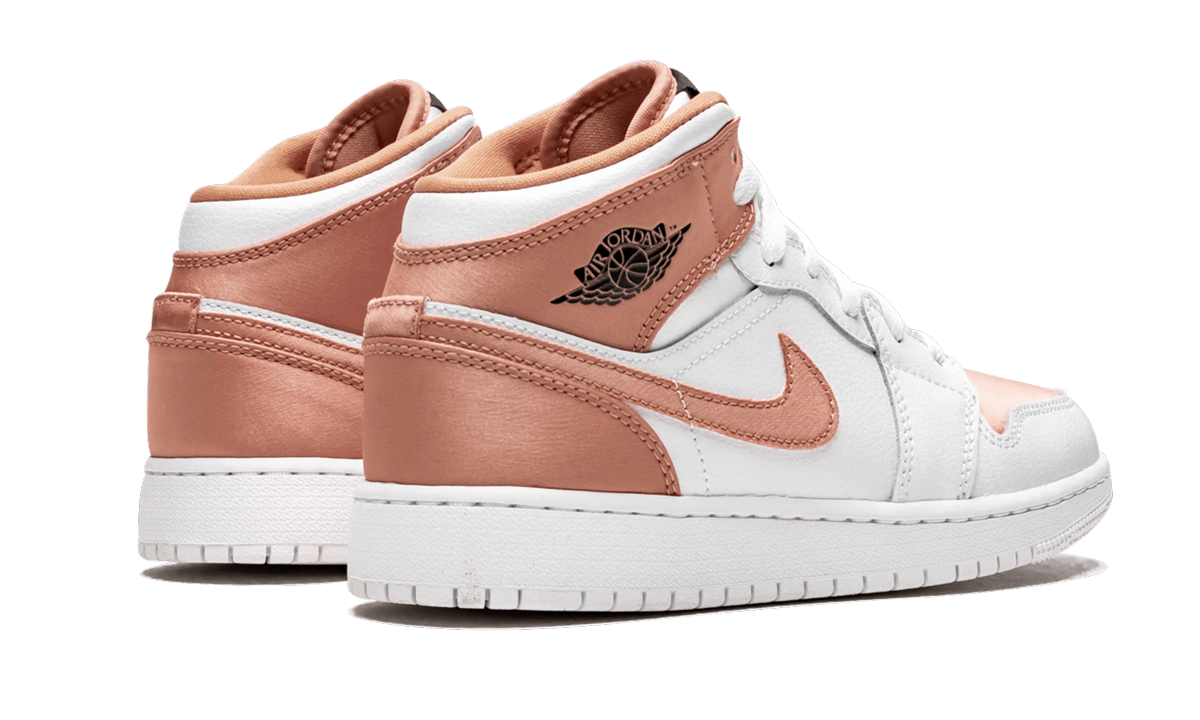 jordan 1 mid white rose gold gs+555112-190+diagnol right behind view