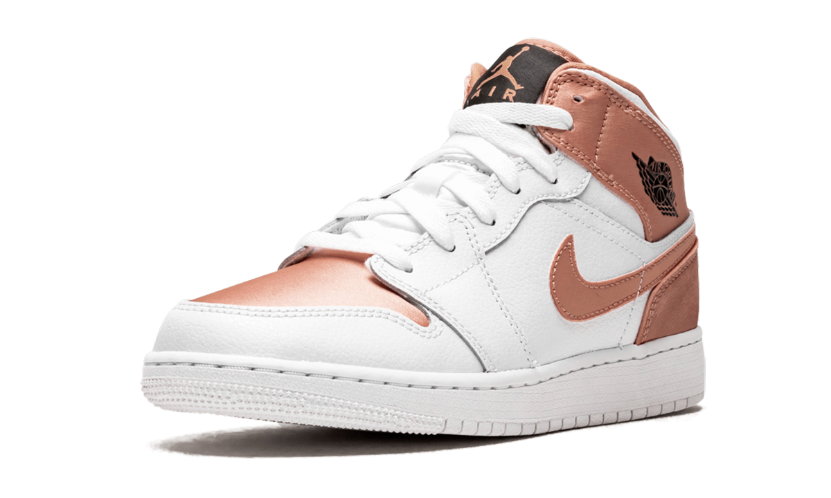 jordan 1 mid white rose gold gs+555112-190+left diagnol single view