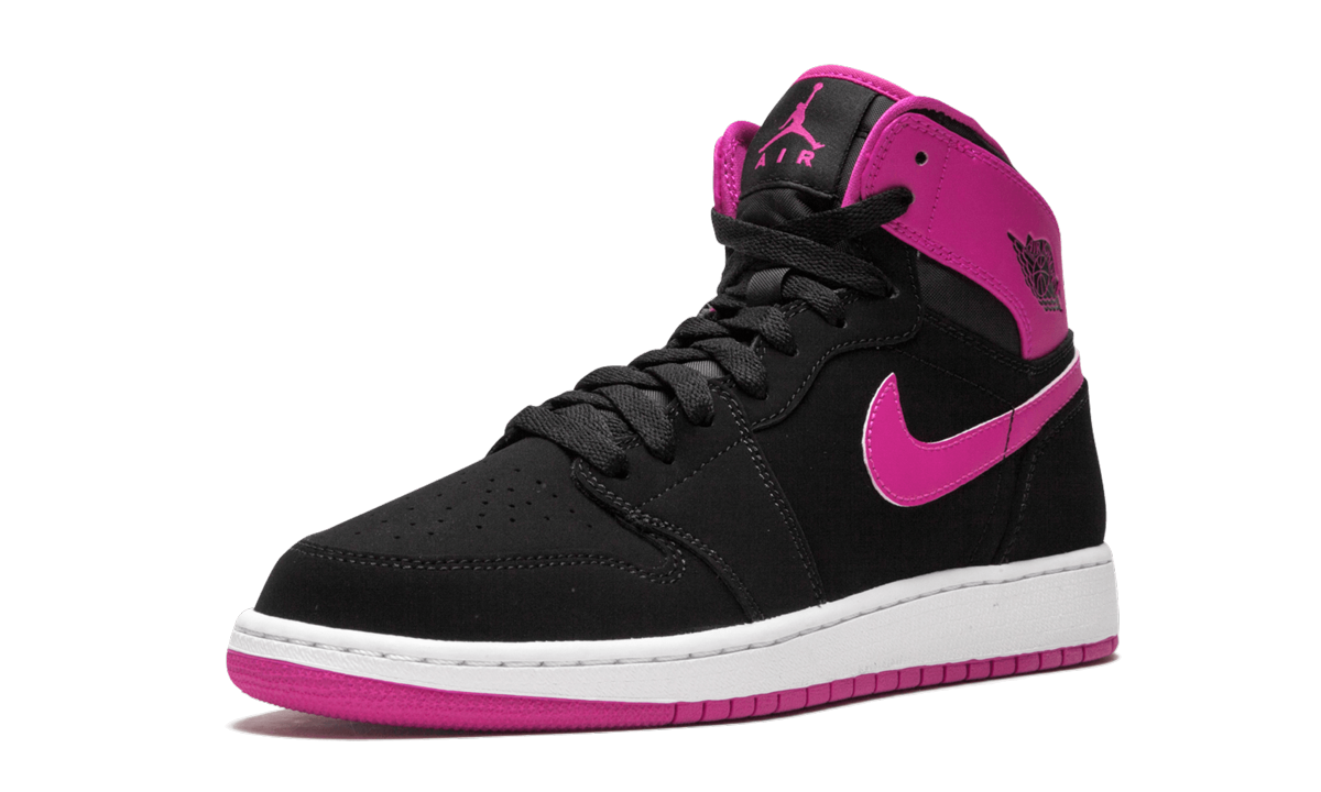 jordan 1 retro high black vivid pink gs+332148-008+left diagnol single view
