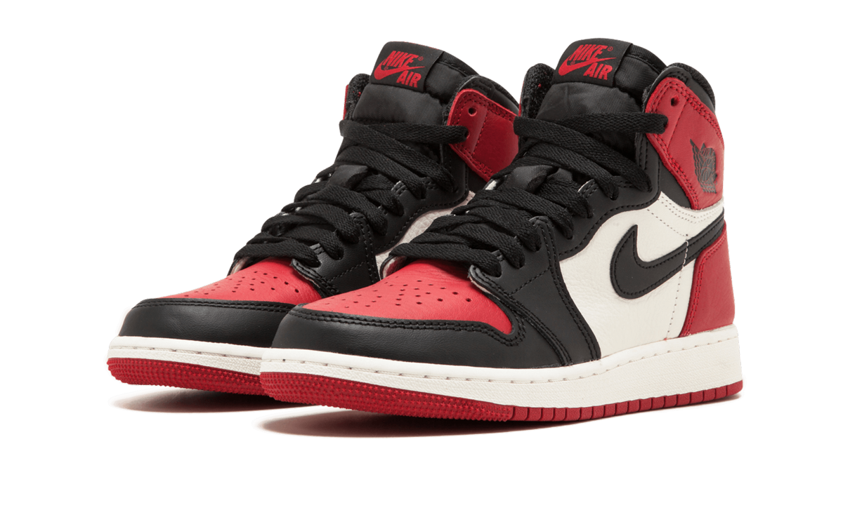 jordan 1 retro high bred toe gs+575441-610+diagnol left view