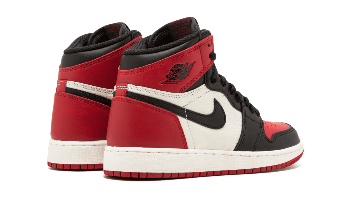 jordan 1 retro high bred toe gs+575441-610+diagnol right behind view