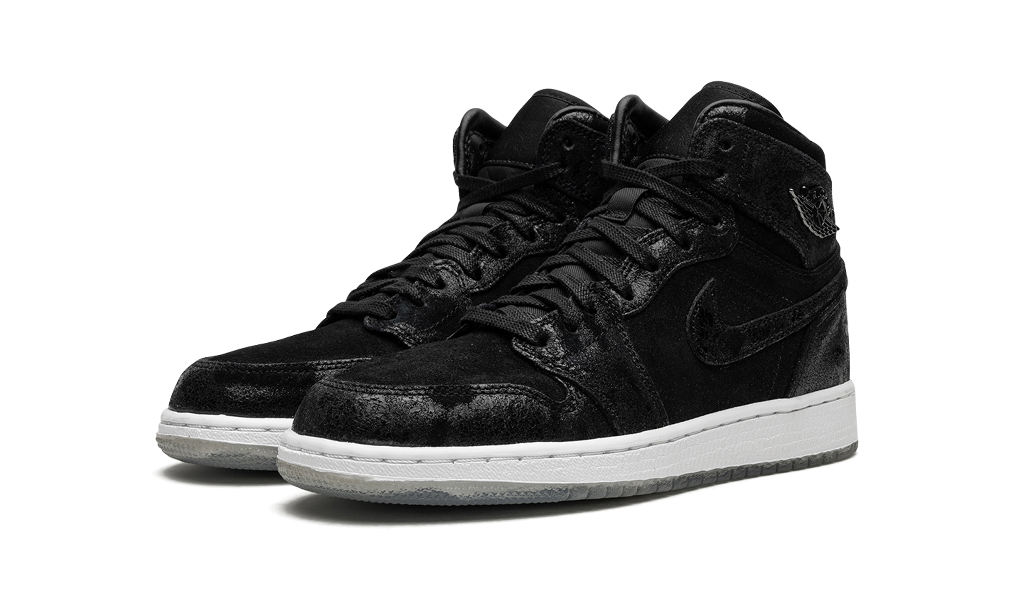 jordan 1 retro high heiress black suede gs+832596-001+diagnol left view