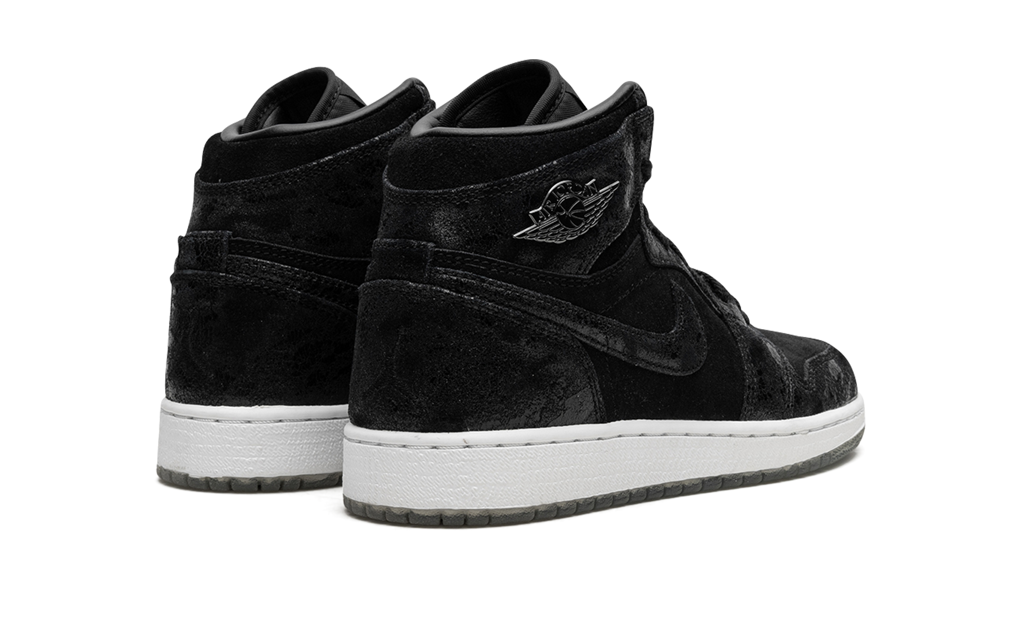 jordan 1 retro high heiress black suede gs+832596-001+diagnol right behind view