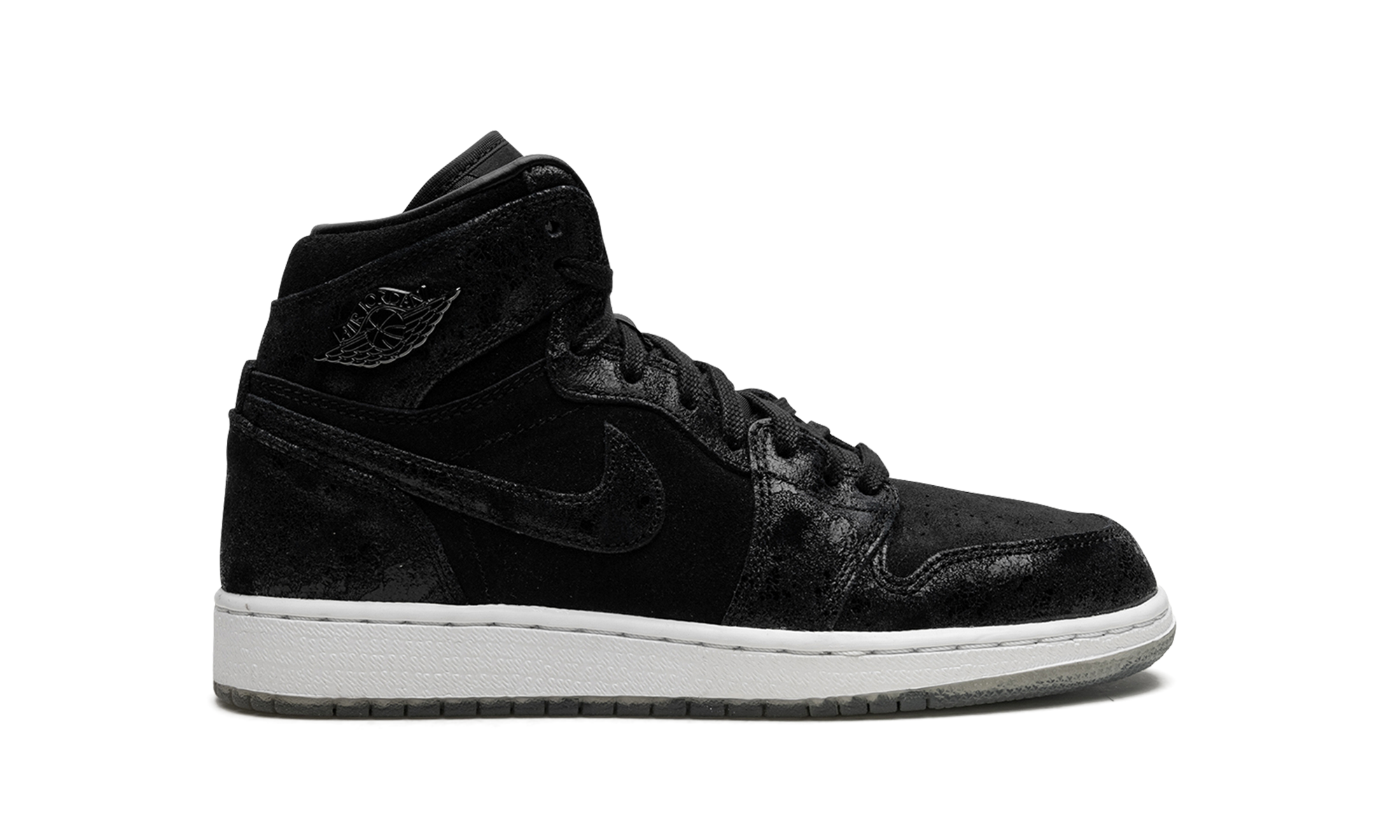 jordan 1 retro high heiress black suede gs+832596-001+diagnol right view