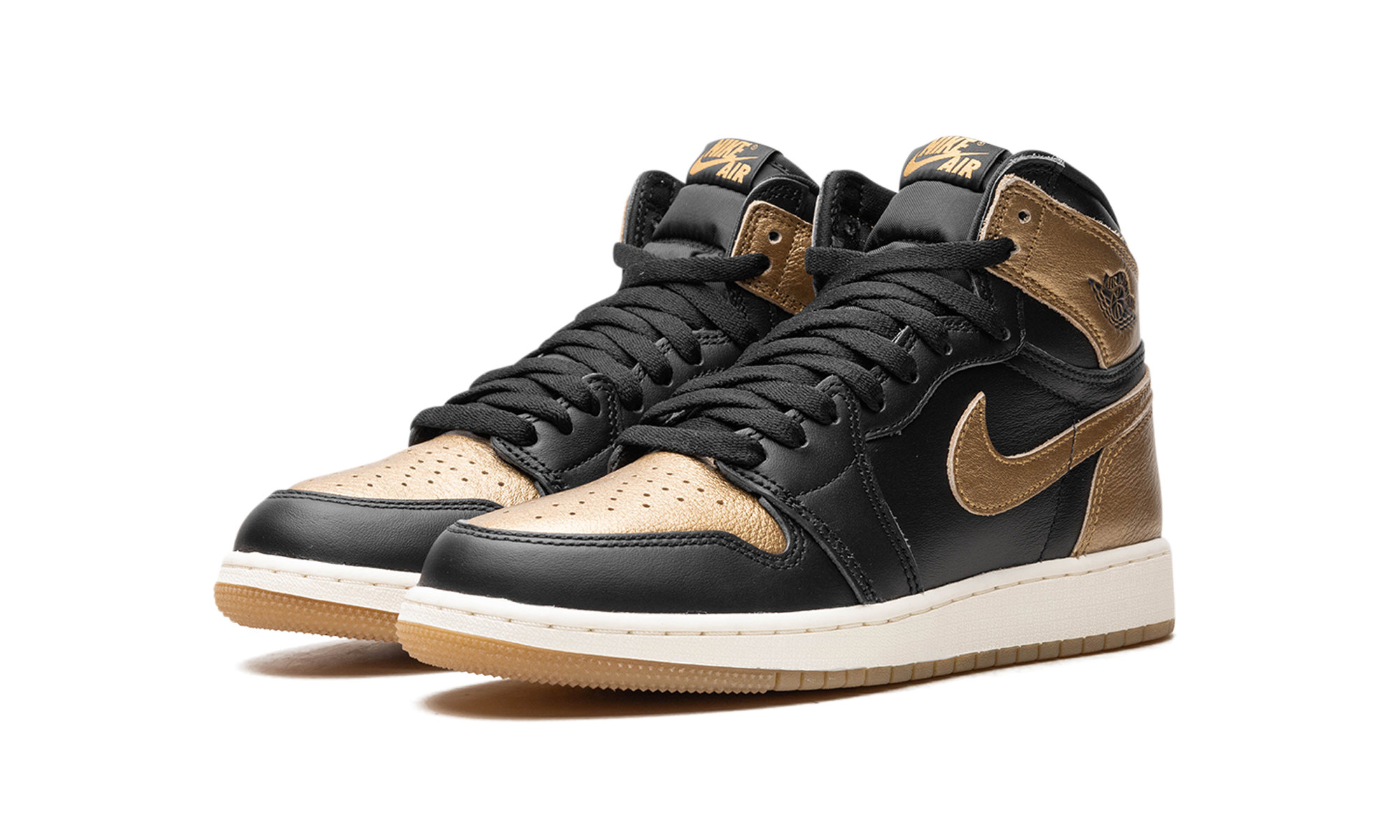 jordan 1 retro high og black metallic gold gs+FD1437-071+diagnol left view