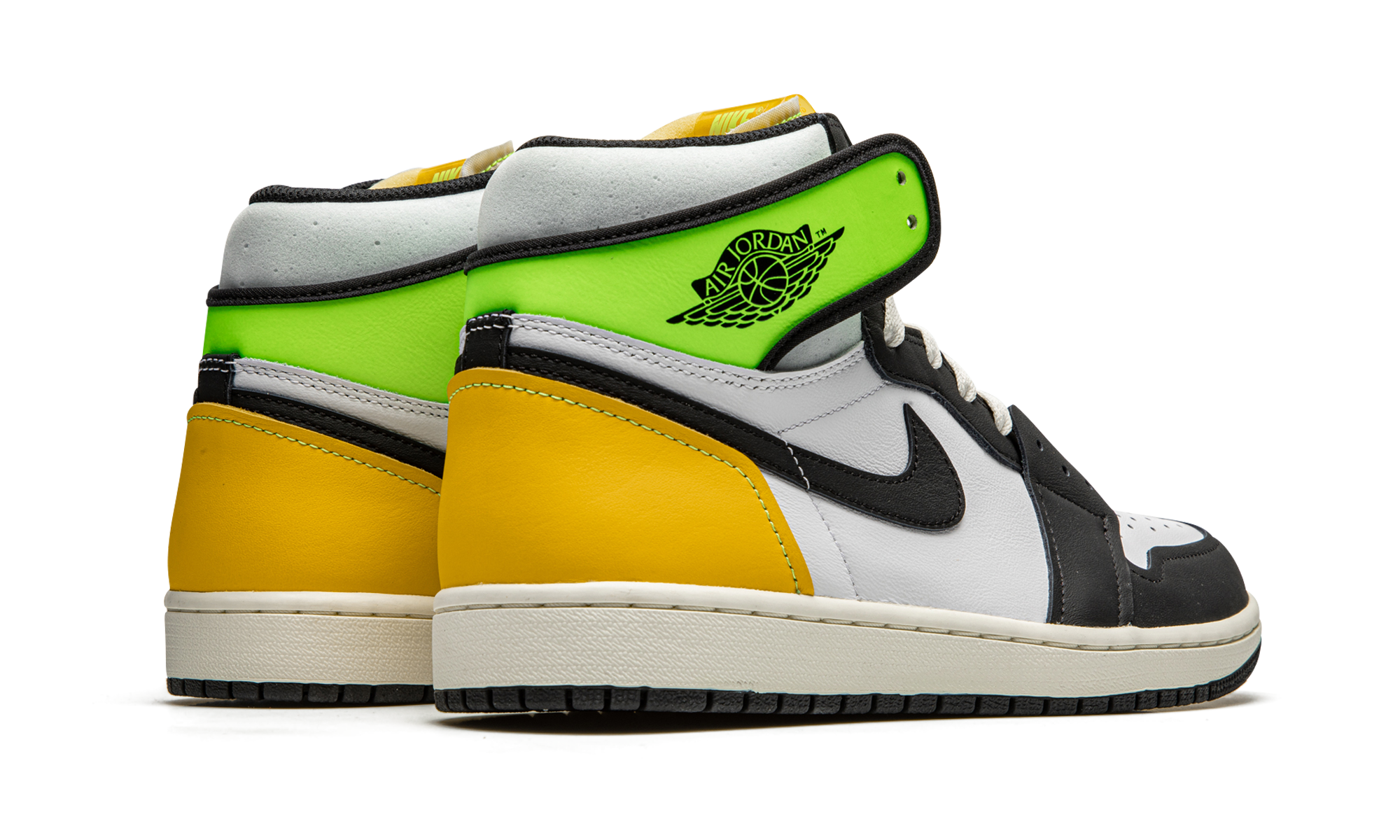 jordan 1 retro high white black volt university gold+555088-118+diagnol right behind view