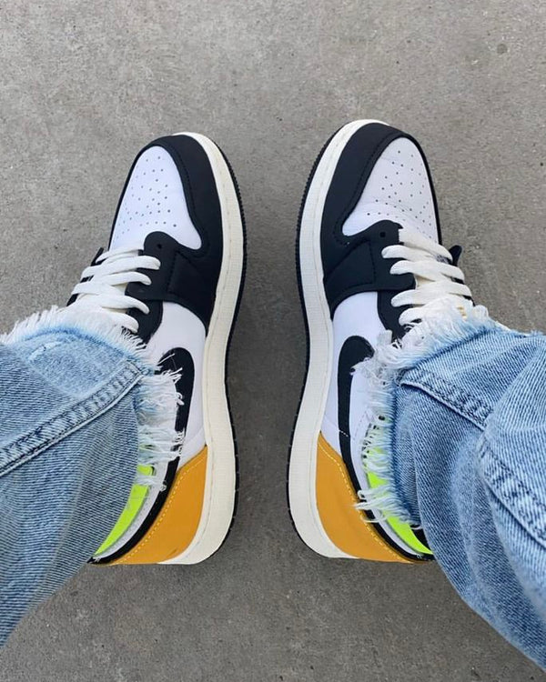 Jordan 1 Retro High White Black Volt University Gold, Lifestyle View 3, SKU 555088-118