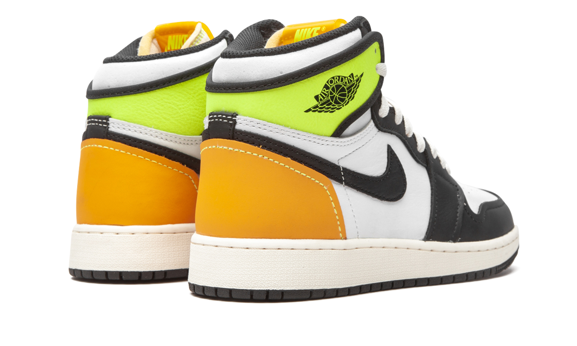 jordan 1 retro high white black volt university gold gs+575441-118+diagnol right behind view