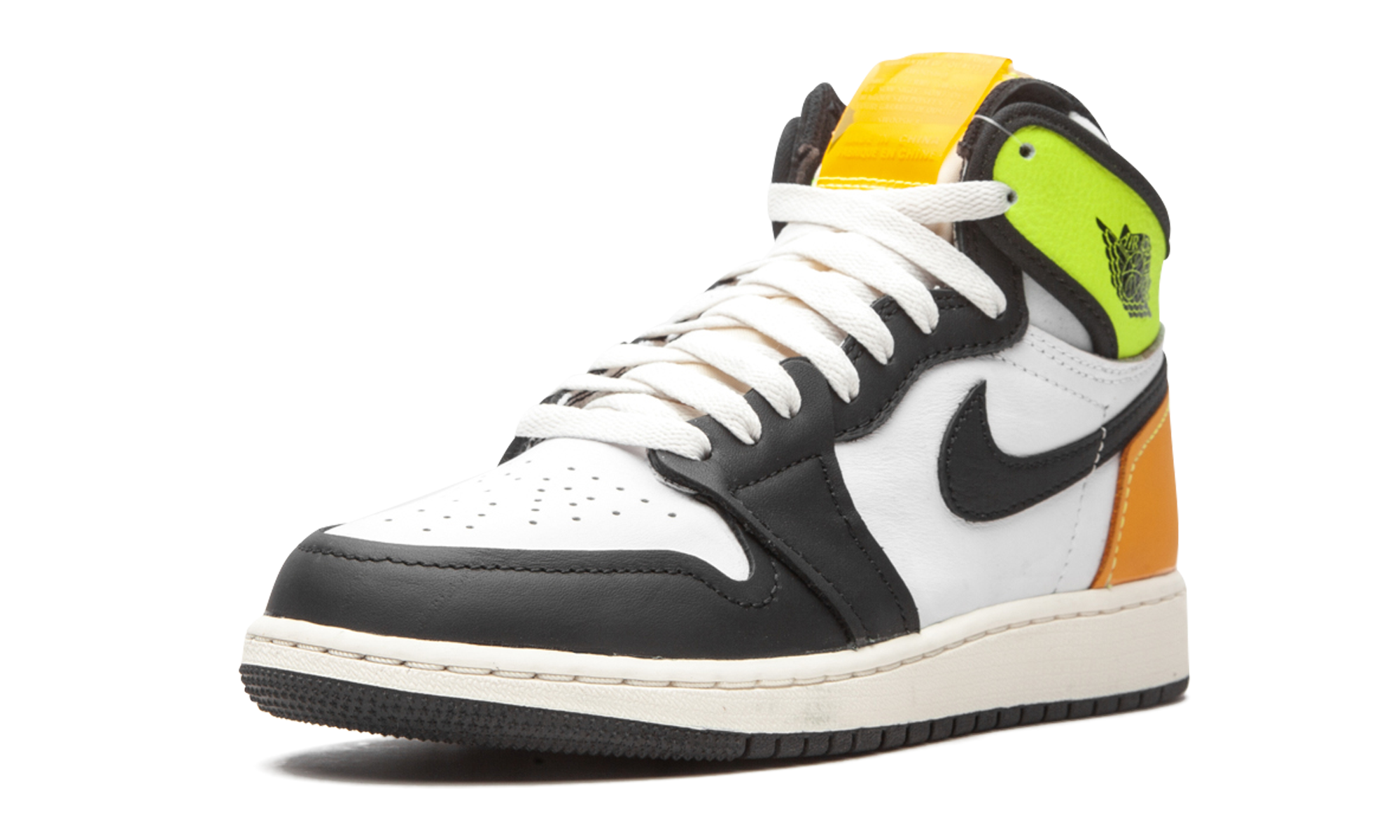 jordan 1 retro high white black volt university gold gs+575441-118+left diagnol single view
