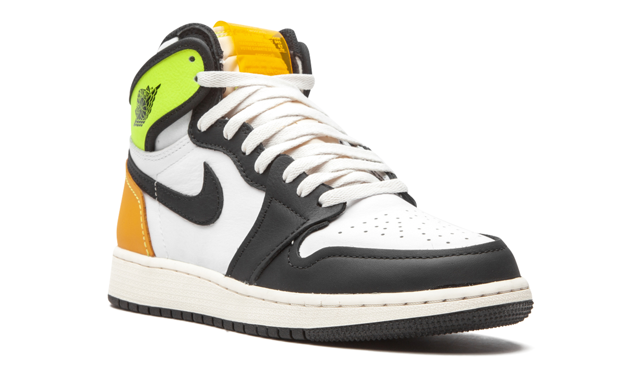 jordan 1 retro high white black volt university gold gs+575441-118+diagnol right view