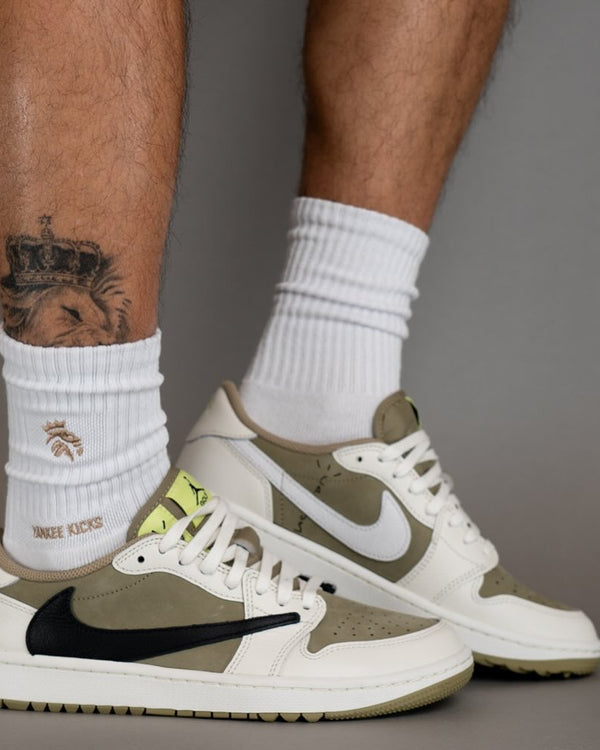 Jordan 1 Retro Low Golf Travis Scott Neutral Olive, Lifestyle View 1, SKU FZ3124-200