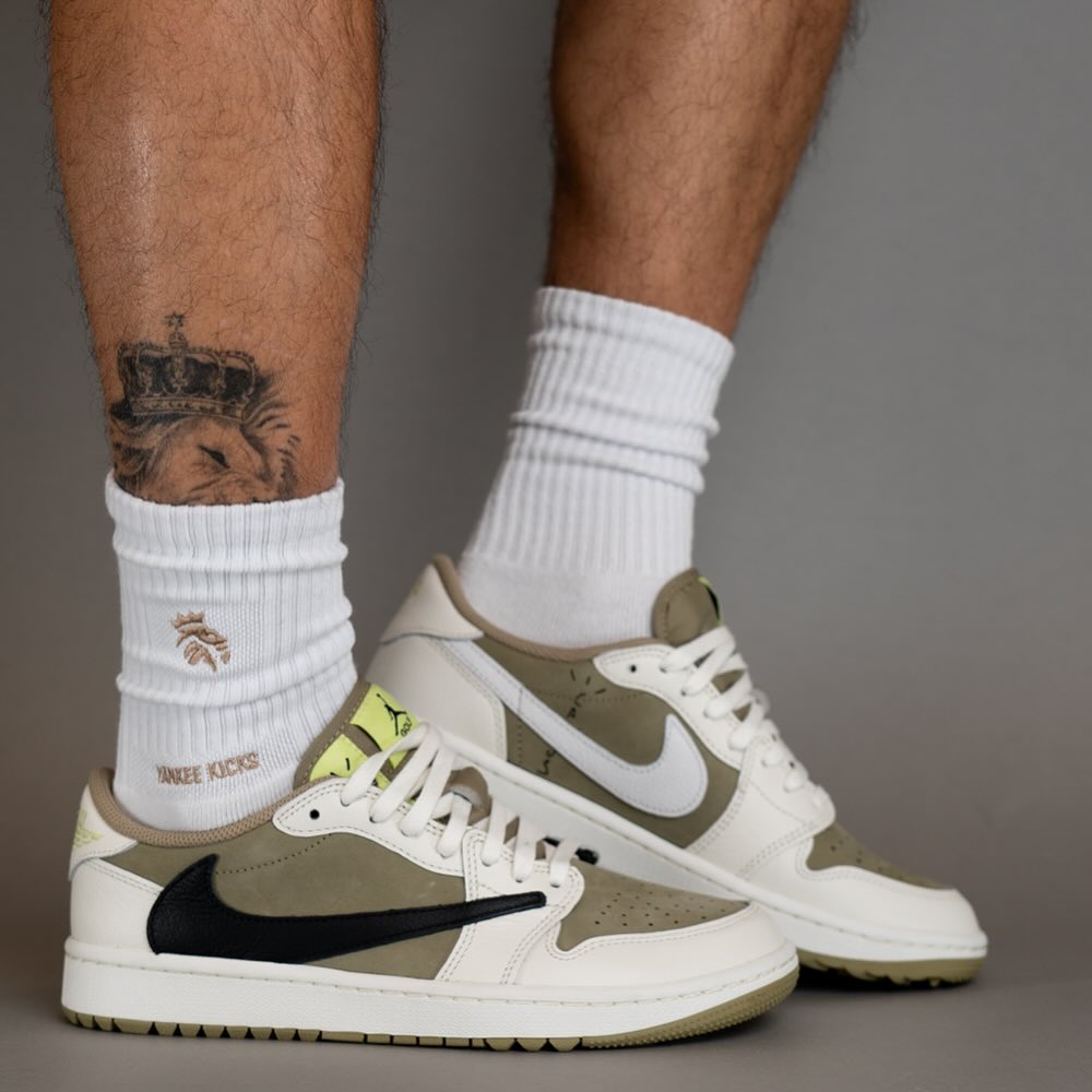 Jordan 1 Retro Low Golf Travis Scott Neutral Olive, Lifestyle View 1, SKU FZ3124-200