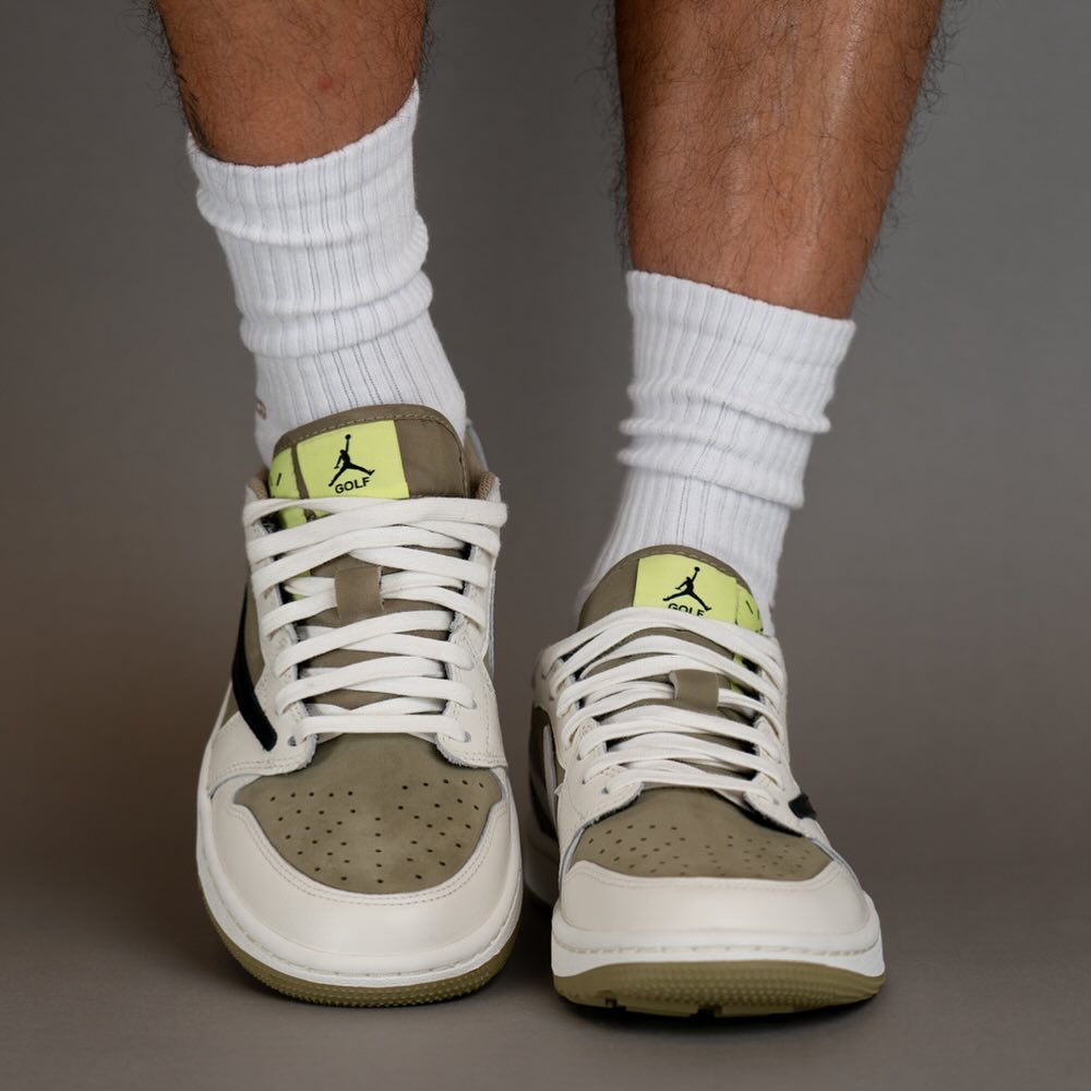 Jordan 1 Retro Low Golf Travis Scott Neutral Olive, Lifestyle View 2, SKU FZ3124-200