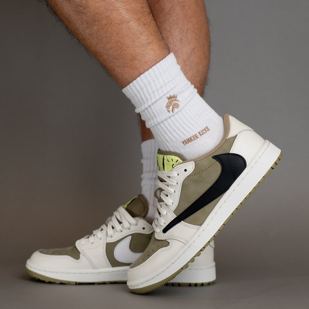 Jordan 1 Retro Low Golf Travis Scott Neutral Olive, Lifestyle View 3, SKU FZ3124-200