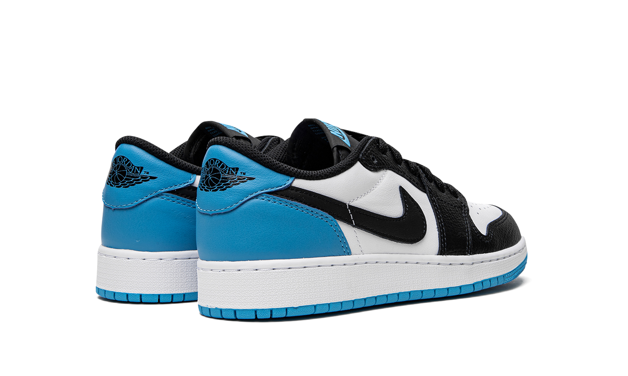 jordan 1 retro low og black dark powder blue gs+CZ0858-104+diagnol right behind view