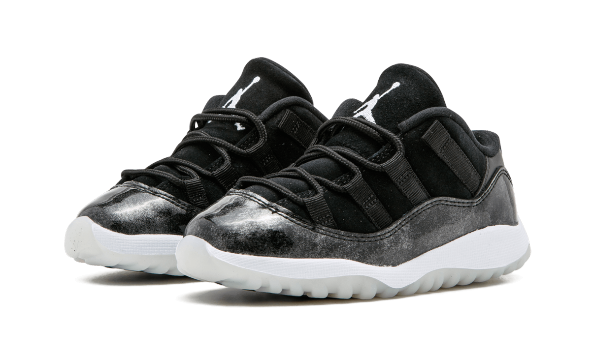 jordan 11 retro low black metal silver white td+505836-010+diagnol left view