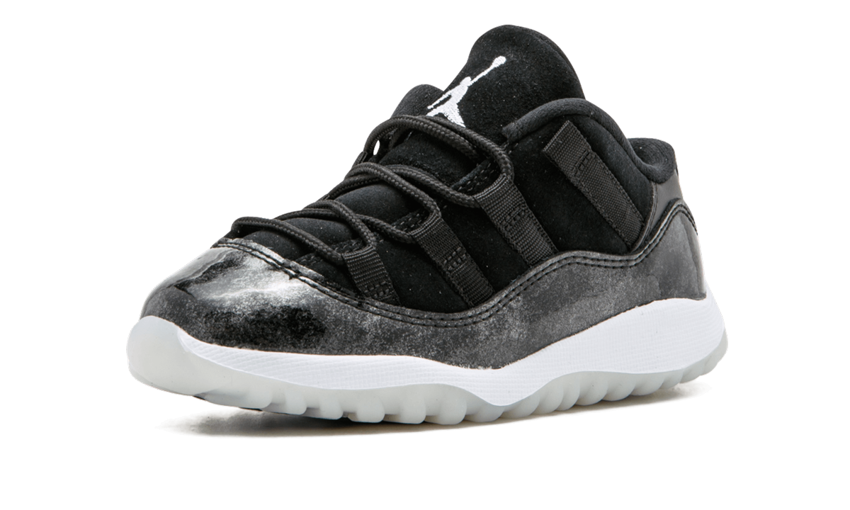 jordan 11 retro low black metal silver white td+505836-010+left diagnol single view